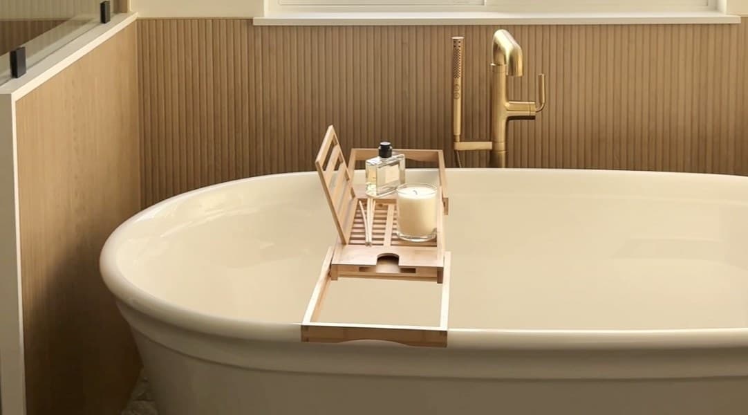 Fair Oaks master bathroom with freestanding soaking tub, tiled accent wall and walk-in shower