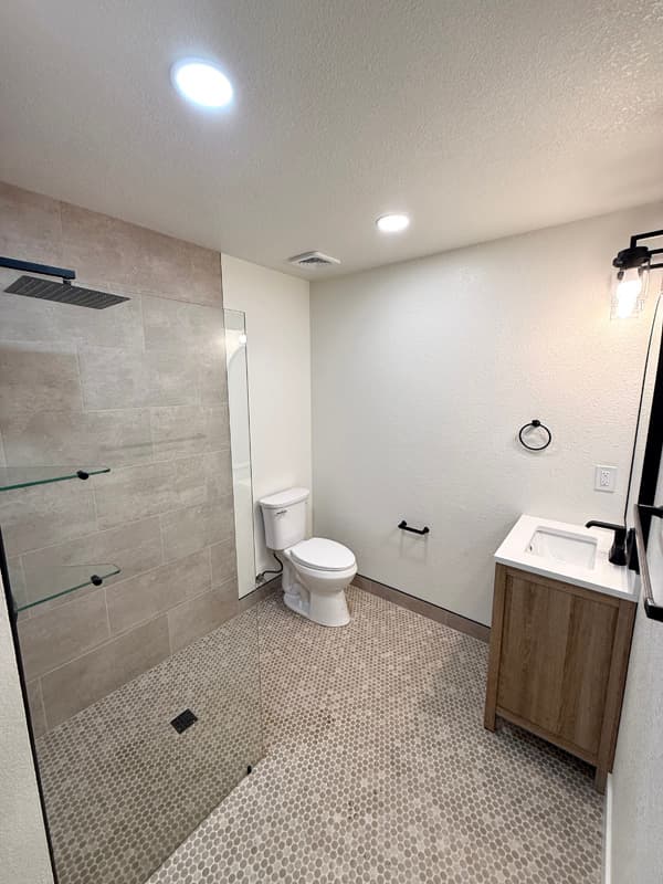 Newly renovated accessible bathroom with sleek wall tile, a curbless walk-in shower, and modern lever fixtures